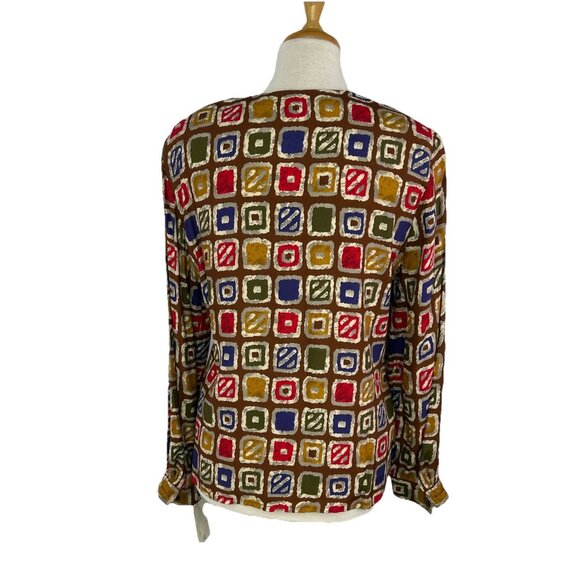 Vtg Evan Picone Sz 14P Button-up 80s NOS Geometric Colorful Blouse Autumn - Picture 6 of 8